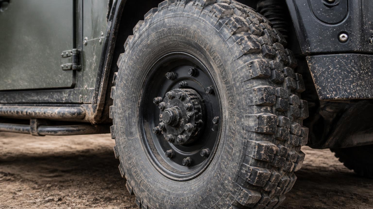 Close-up of a Hummer H1 geared hub wheel end and aggressive off-road tire