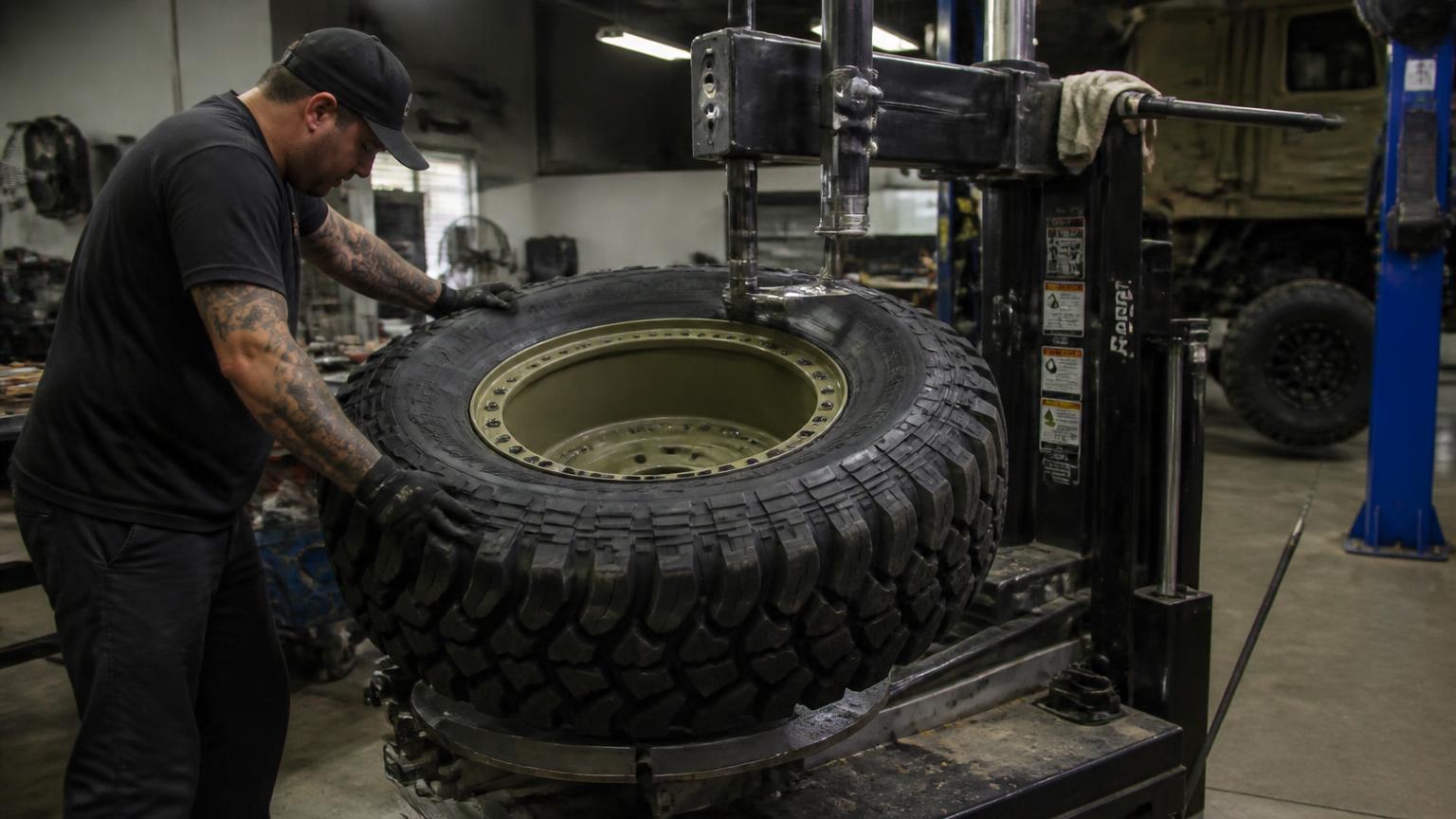 Technician mounting an oversized off-road tire onto a heavy-duty wheel in a tire shop