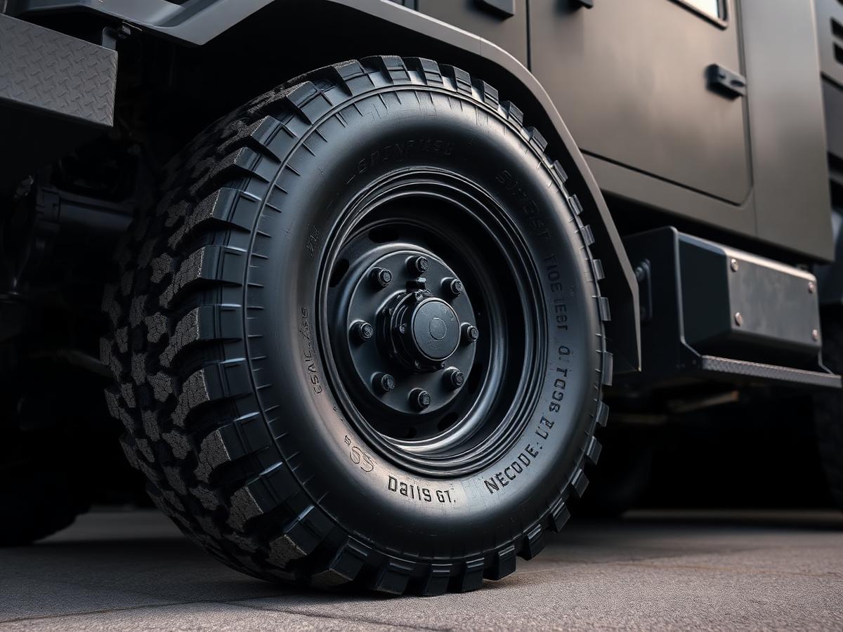 Close-up of an oversized off-road tire and heavy-duty wheel with geared hub
